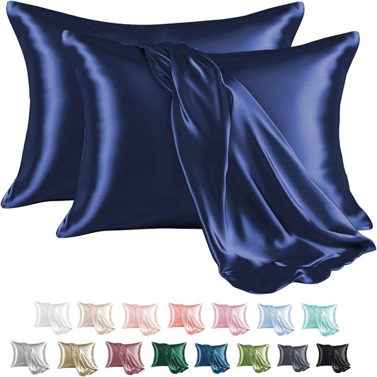 MR&HM Satin Pillowcase for Hair and Skin, Silk Satin Pillowcase 2 Pack, Standard Size Pillow Cases Set of 2, Silky Pillow Cover with Envelope Closure (20x26, Navy Blue)