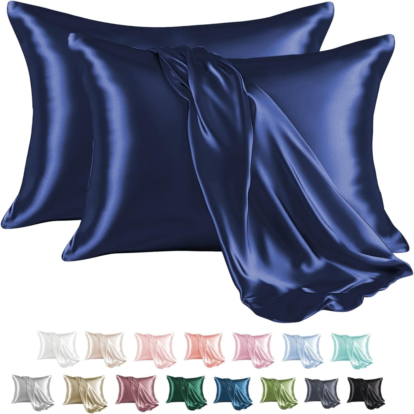 MR&HM Satin Pillowcase for Hair and Skin, Silk Satin Pillowcase 2 Pack, King Size Pillow Cases Set of 2, Silky Pillow Cover with Envelope Closure (20x40, Navy Blue)