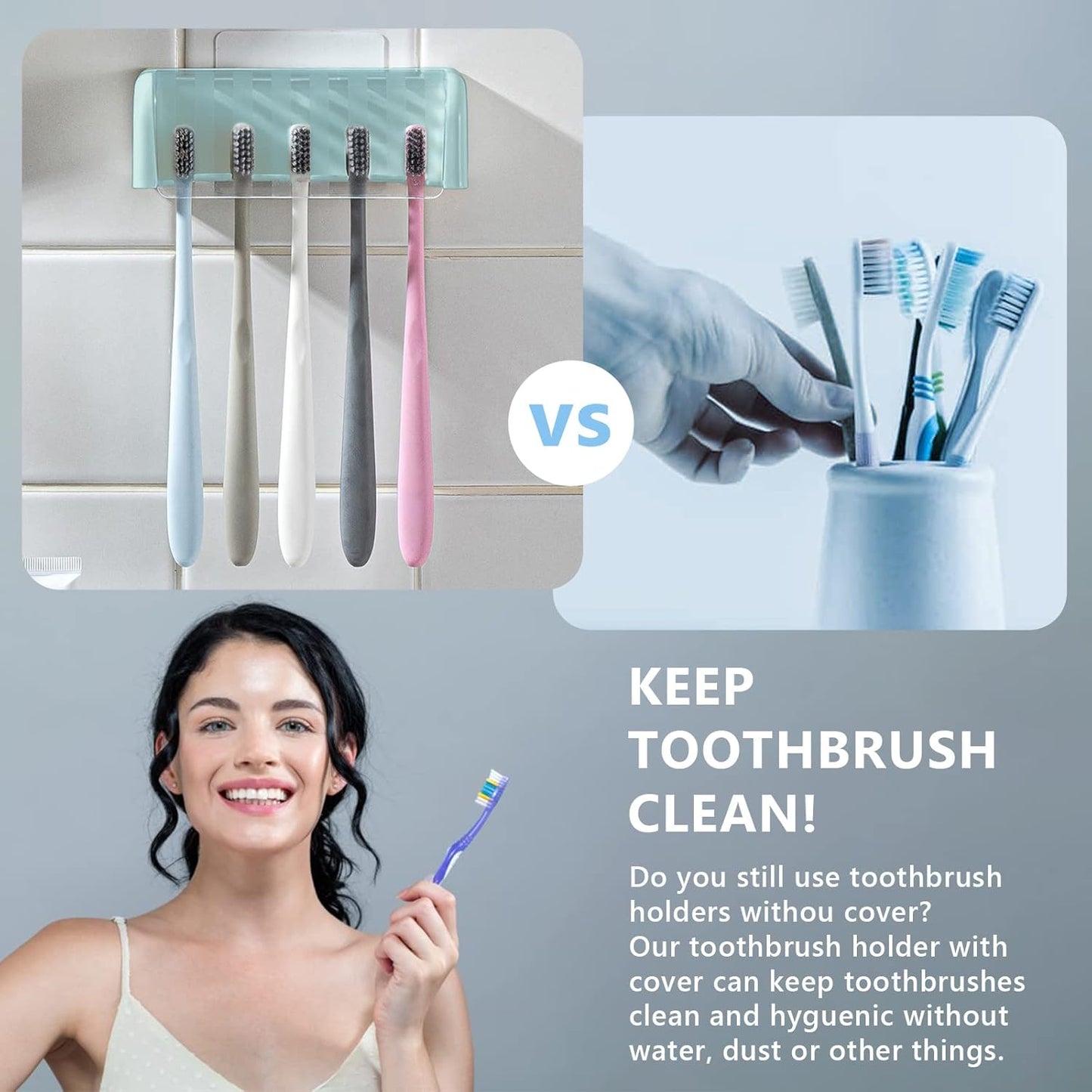 5 Slots Toothbrush Holder Wall Mount with Cover, Self Adhesive Toothbrushes Storage Organizer Perfect for Dorm Bathrooms and Shower, Holds 5 Toothbrushes. (Blue)