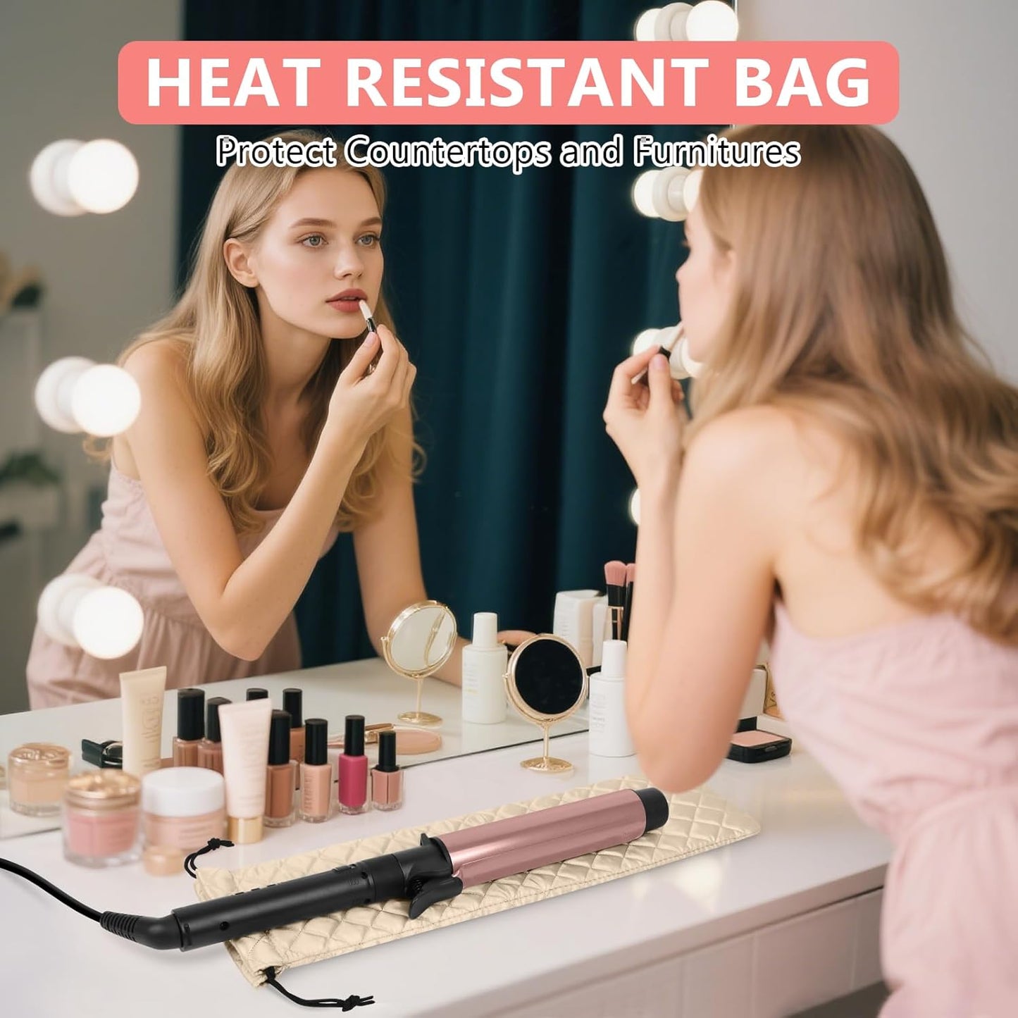 AMIJEAL Heat Resistant Hair Tools Organizer Bag Portable Travel Drawstring Storage Cover Pouch for Hair Straightening Irons, Curling Irons, Flat Irons and Hot Styling Tools(16" x 4.3")