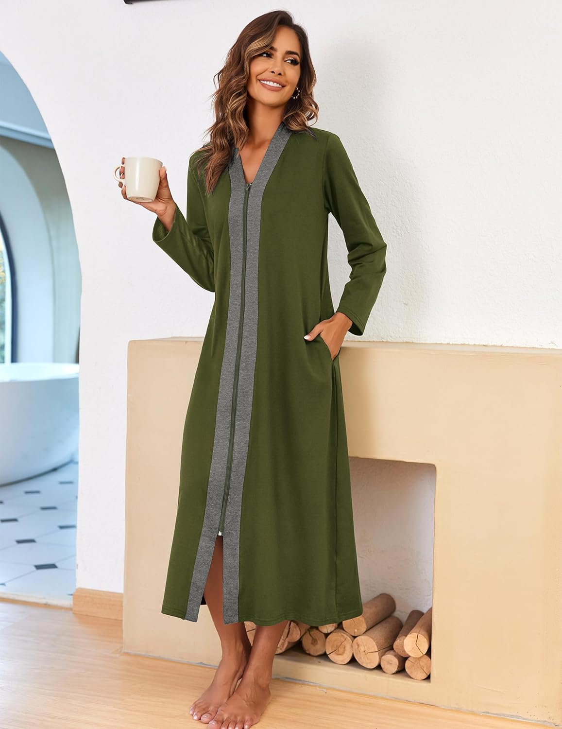 Ekouaer Women Zipper Robe Long Sleeve Loungewear Lightweight Housecoat Full Length Nightgown with Pockets