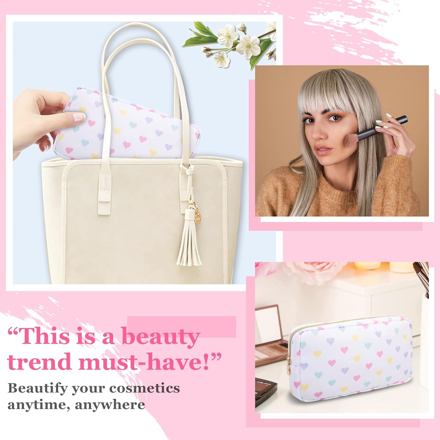 Nylon Small Makeup Bag for Purse, Cute Makeup Bag Preppy Cosmetic Zipper Pouch Purse, Waterproof Portable Travel Toiletry Bag Clutch Makeup Brush Bag Organizer Storage for Women Men Girl(White-Heart)