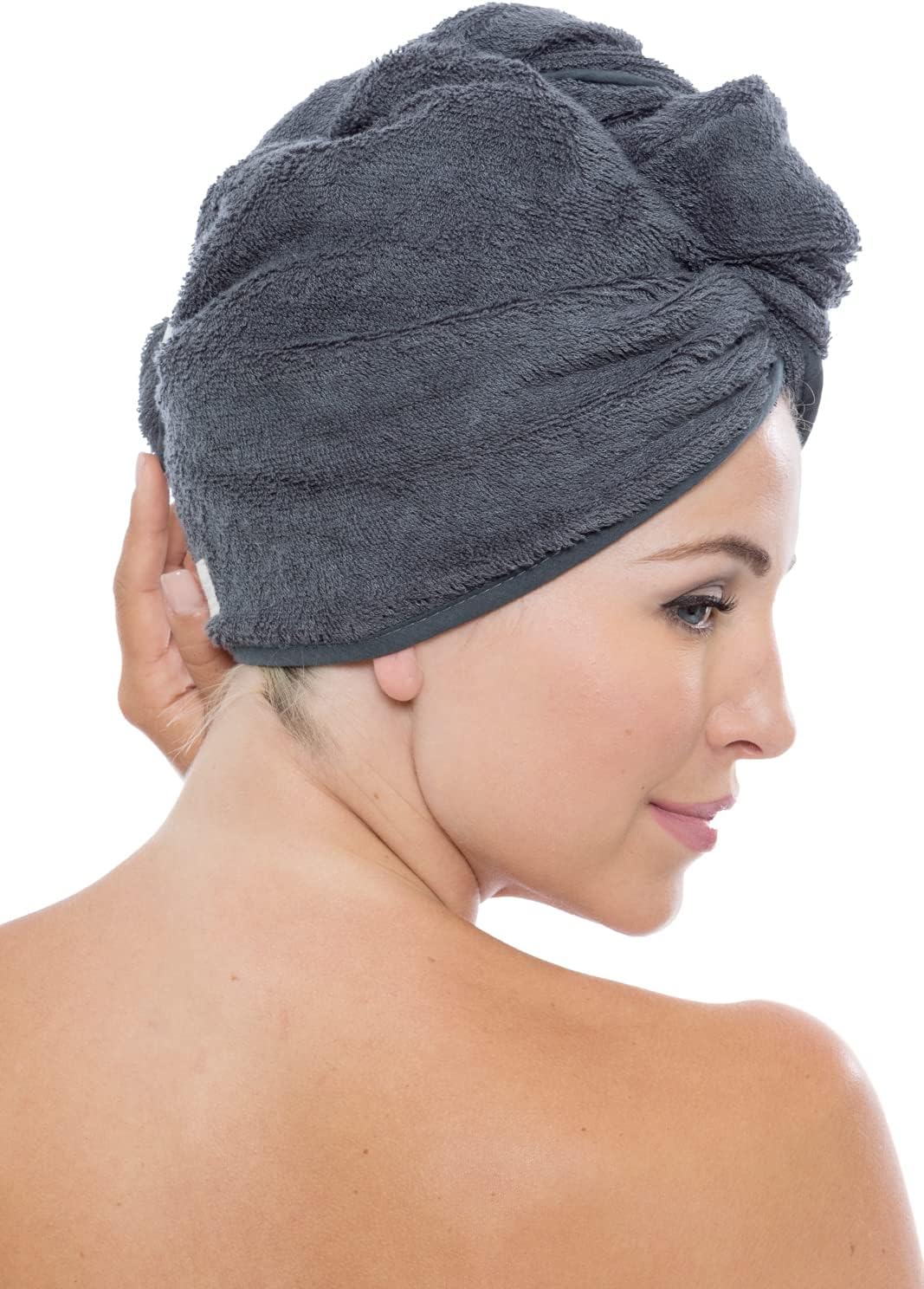 Texere Women's Viscose from Bamboo and Cotton Terry Spa Hair Towel Wrap - Absorbent and Fast Drying for Long, Curly, Thick Hair - Towel with Loop and Twist Closure (Tya, Pewter, U)