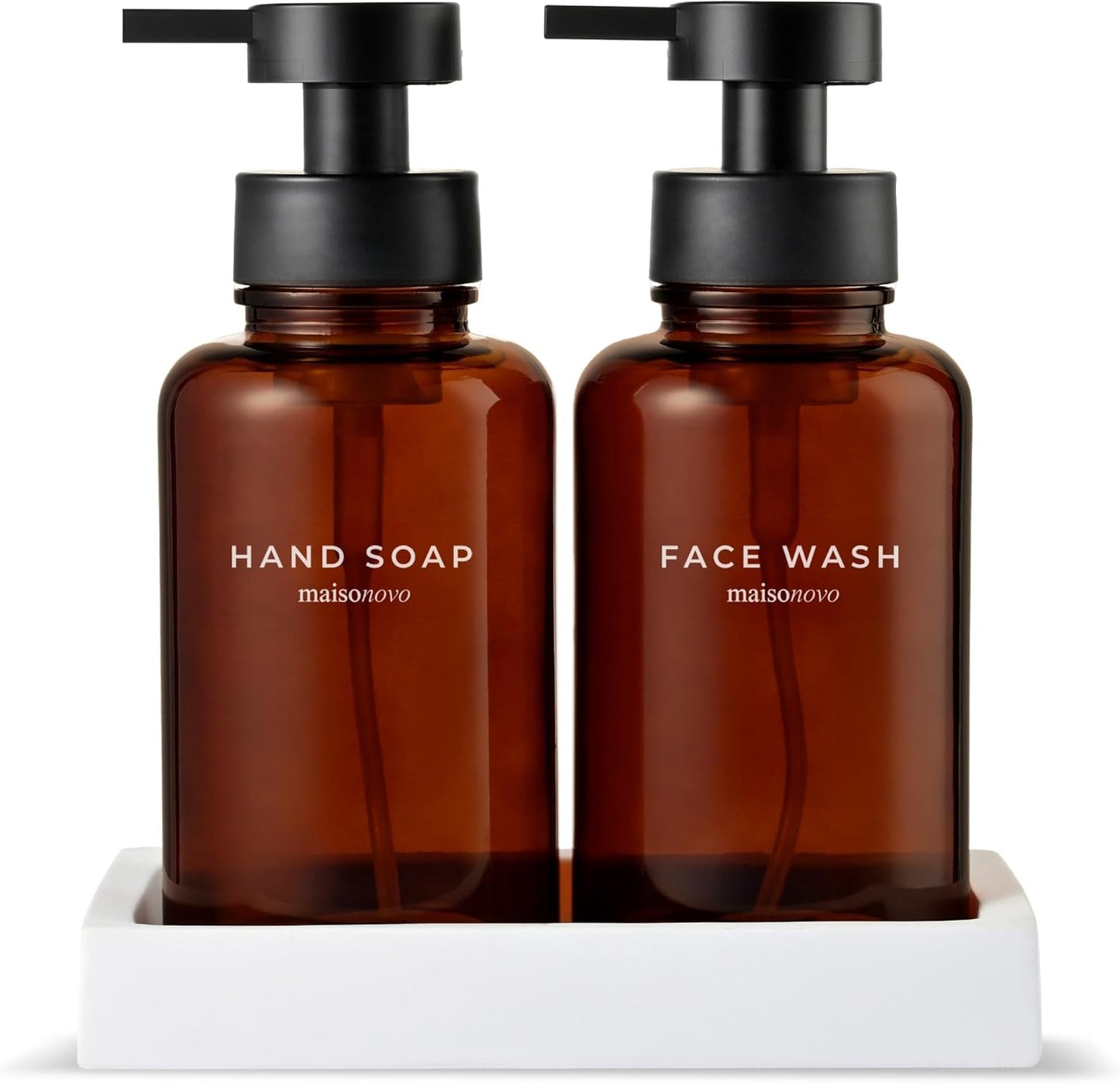 MaisoNovo Glass Foaming Soap Dispenser 14 Oz | Amber Glass Black Pumps x 2 with Tray