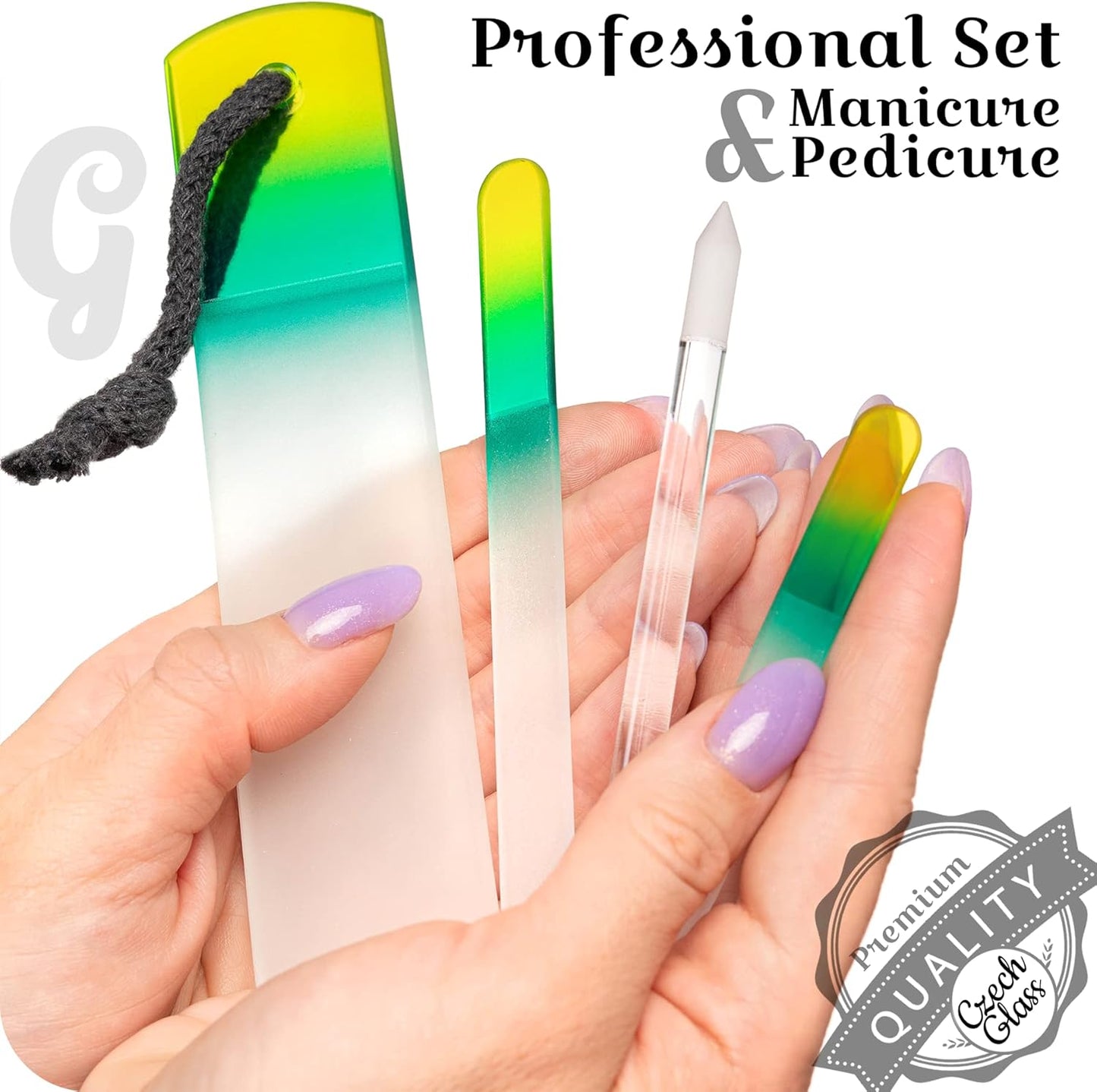 GLADZY Genuine Czech Glass Nail File Set - Callus Remover Foot Rasp, Cuticle Pusher Manicure Stick, Double Sided Etched Different Grit Surface, Professional Nail Care Tool, Made in EU