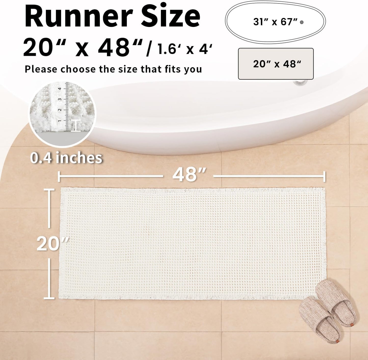 White Bathroom Rugs, Waffle Bath Mat Non Slip Washable, Super Absorbent & Quick Dry, Boho Bath Mat Farmhouse Bathroom Decor, 20'' x 48'', White