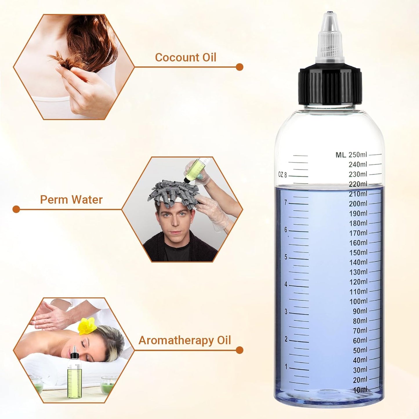 Segbeauty 8.5oz Twist Top Applicator Bottle, 4pcs 250ml Measured Hair Dye Bottles, Clear Empty Hair Oil Bottle with Ratio Graduated Scale, Hair Color Squeeze Bottle Application Bottles for Hair Dyeing