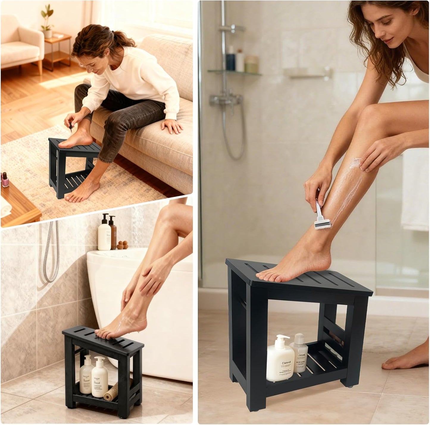 Shower Foot Rest, Small Bamboo Foot Stool with Storage Shelf, Shower Stool for Shaving Legs, No Assembly Required, Natural (Black)