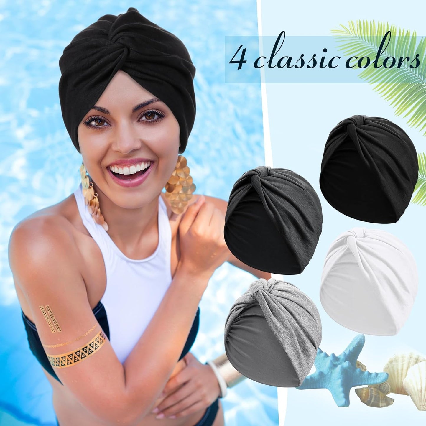 SATINIOR 4 Pieces Turbans for Women Soft Pre Tied Knot Fashion Pleated Cancer Turban Cap Chemo Headwrap Sleep Hat, 4 Colors