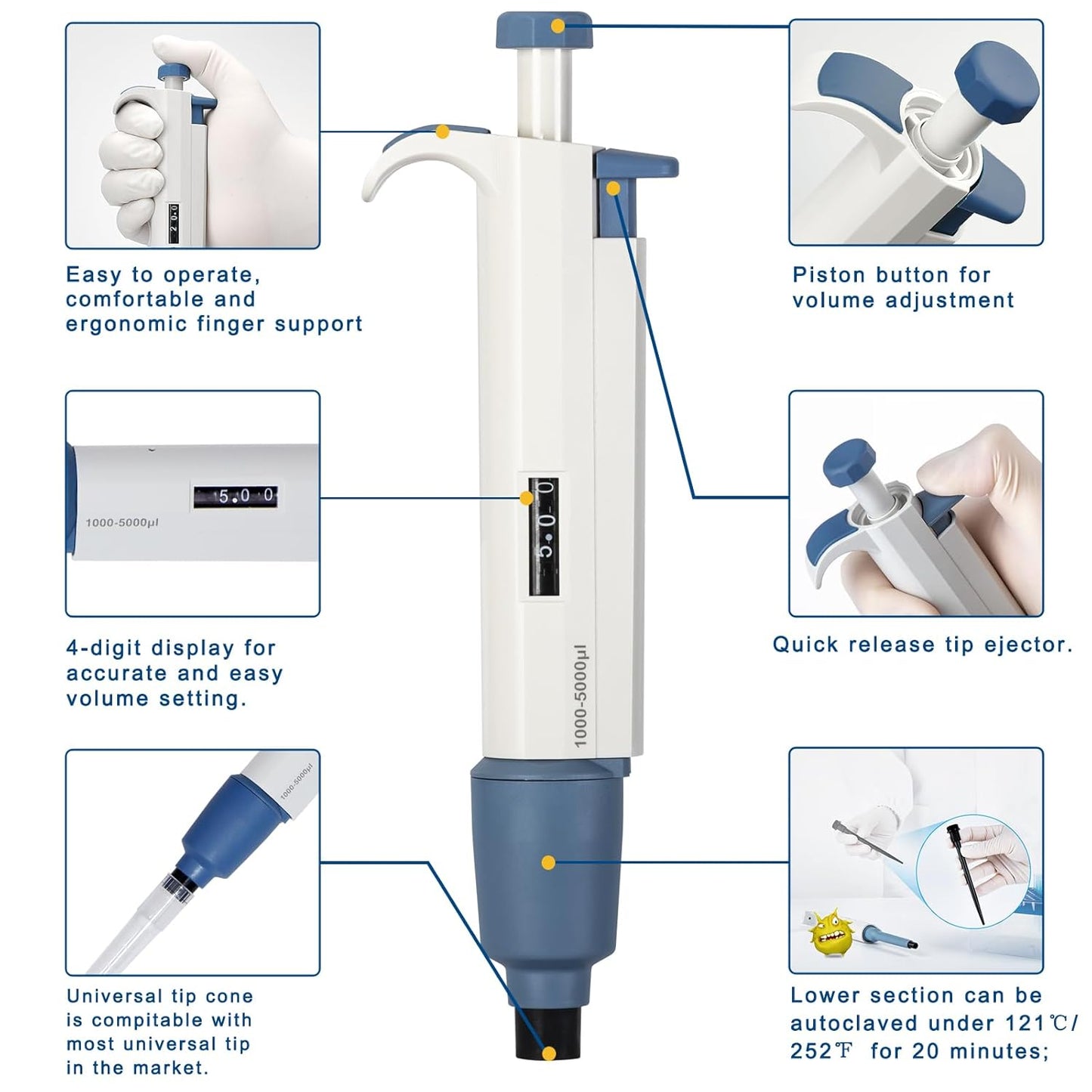 Micropipette 2-10ml, Adjustable Pipettor for Laboratory, Single Channel Lab Pipette,Half-Autoclavable