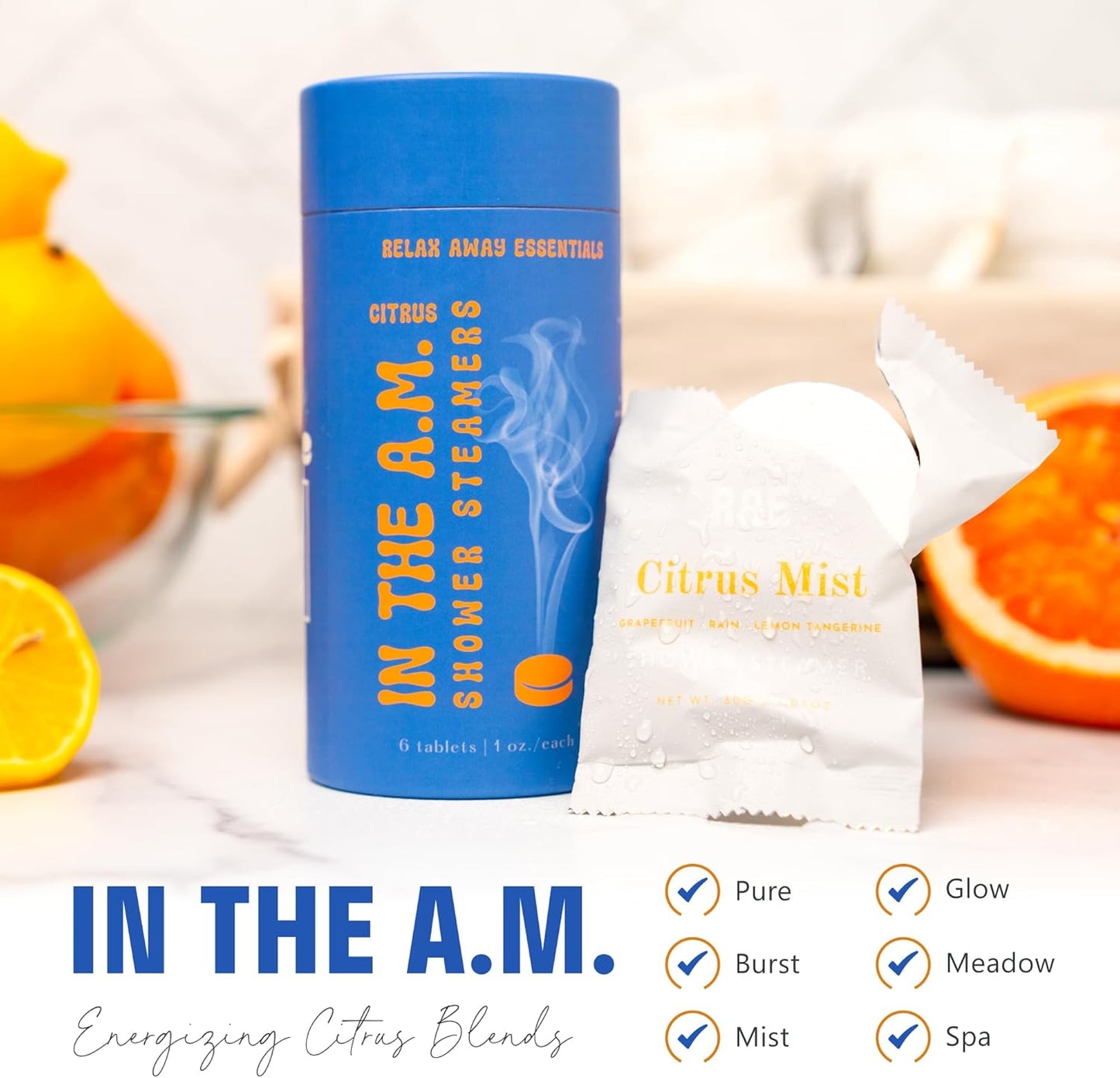 Relax Away in The A.M. Shower Steamers 6 Pack - Energizing Citrus Blends - Pure, Burst, Mist, Glow, Meadow, Spa - Uplifting & Rejuvenating - Essential Oil Aromatherapy - User-Friendly Set