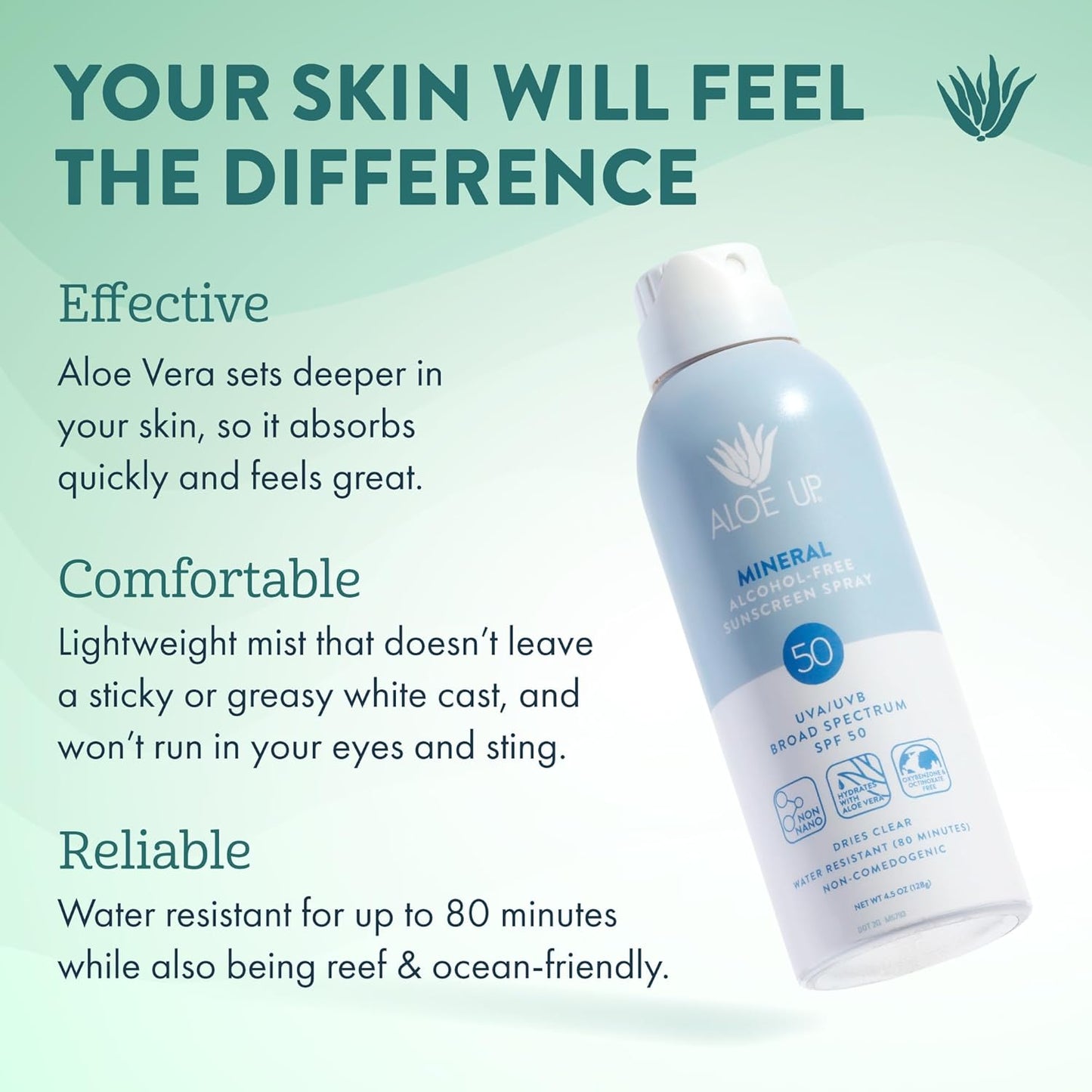 Aloe Up Continuous Mineral Sunscreen Spray SPF 50- Alcohol-Free Broad Spectrum UVA/UVB Sunscreen Protector for Face and Body - With Gen2 Zinc Oxide and Aloe Vera - Dries Clear - Reef Safe - 4.5 Oz
