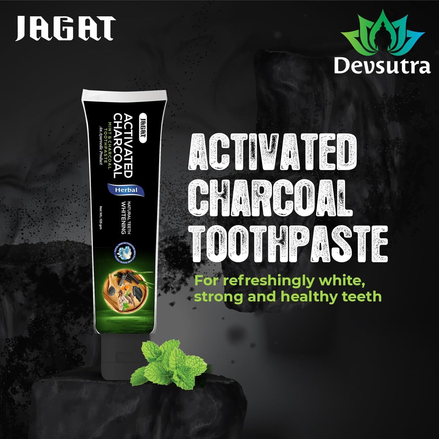 Jagat Devsutra Activated Charcoal & Fresh Mint Toothpaste | Doctor Recommended Ayurvedic, Organic & Herbal | 100% Natural Teeth Whitening, No Fluoride & Artificial Colors, Gum Cure, Vegan - Pack of 4