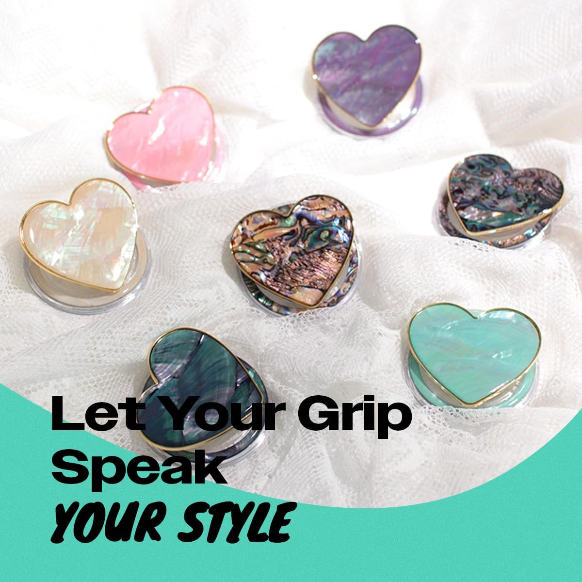 OnTheGrip Cute Natural Seashell Design Heart Shape Collapsible Mobile Phone Grip Stand Holder for Smartphone Tablet Cell Phone Accessory (Aqua Blue)