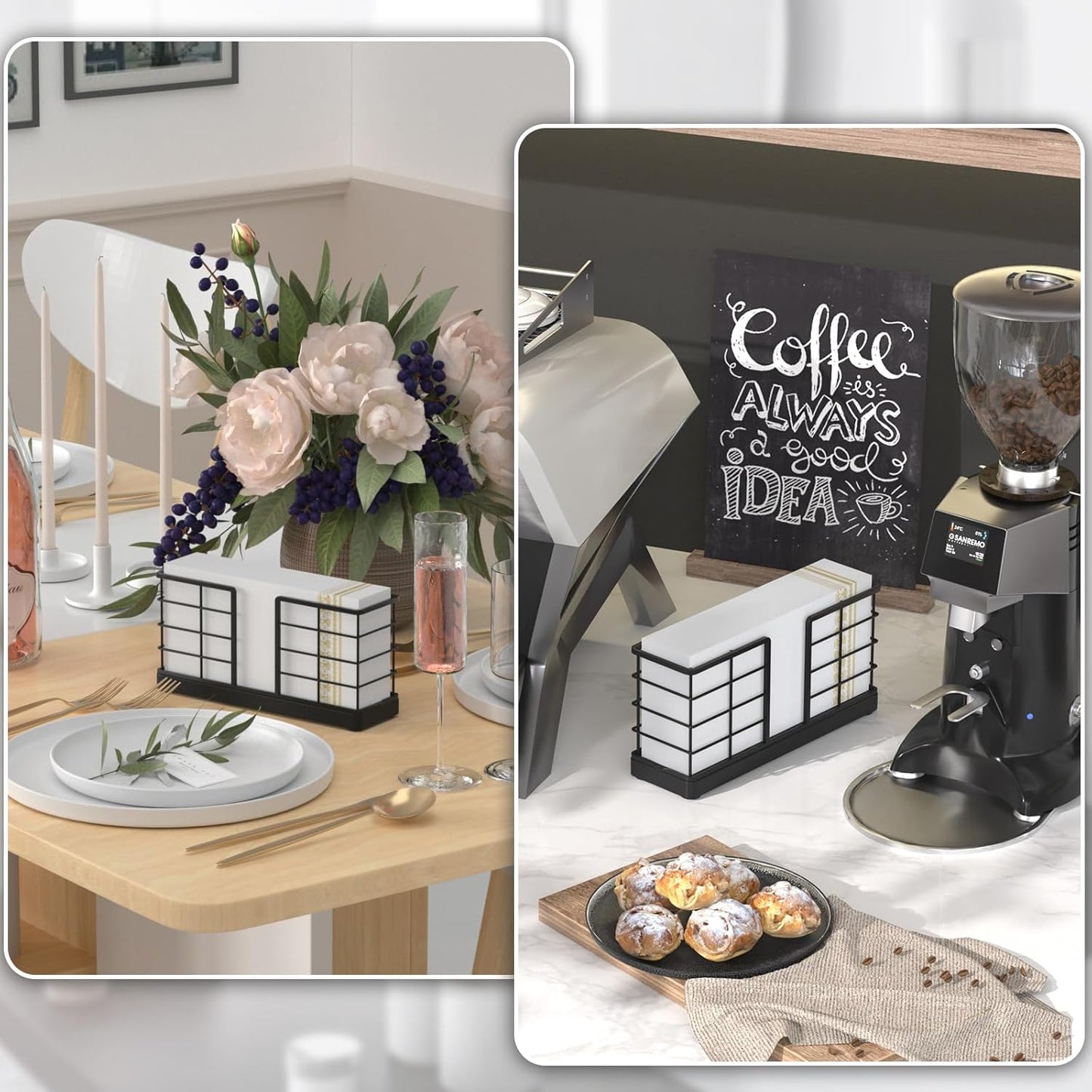 Wican Vertical Stance Bathroom Napkin Holder Takes Up Less Space for Small Guest Bathroom Oak and Iron Towel Tray for Powder Room Table Wooden Basket for Disposable Paper Hand Towels Matte Black