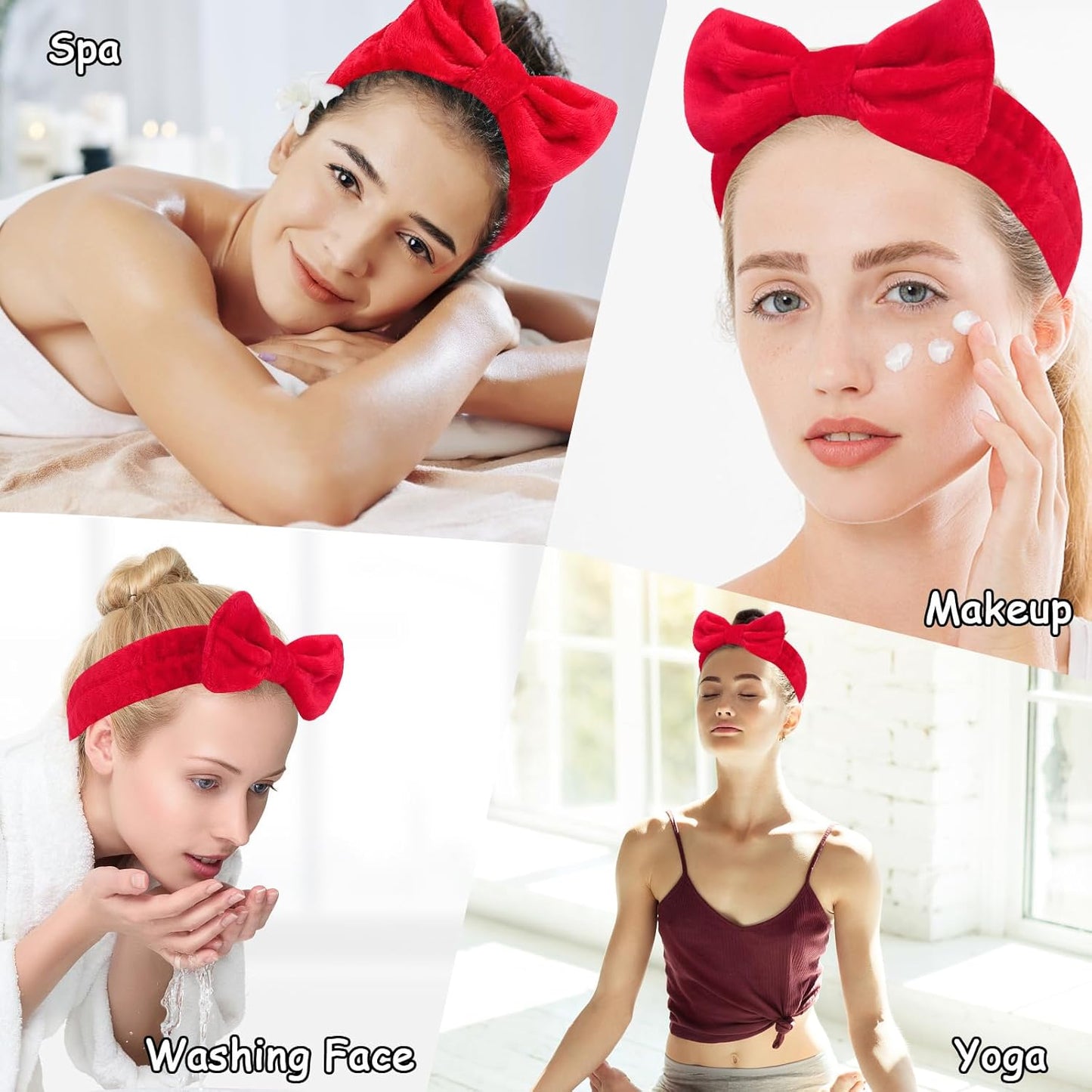Casoty 6 Pcs Red Spa Headbands, Skin Care Headband, Soft Coral Fleece Makeup Hair band, Bow Hair Band for Face Washing Shower Skin Care Yoga