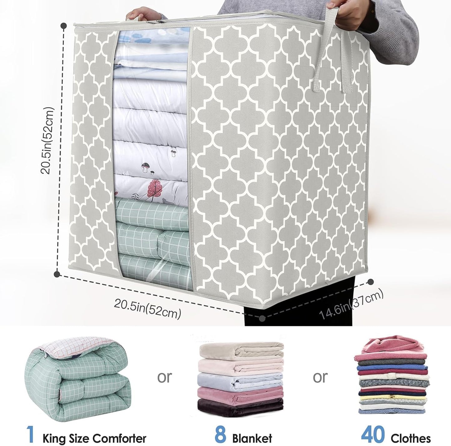 WISELIFE Storage Bags 3 Pack/100L Large Blanket Clothes Organization and Storage Containers for Comforters,Bedding, Foldable Organizer with Reinforced Handle, Clear Window, Sturdy Zippers,Lvory