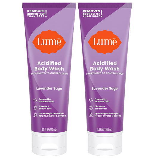 Lume Acidified Body Wash - 24 Hour Odor Control - Removes Odor Better than Soap - Moisturizing Formula - Formulated Without SLS or Parabens - OB/GYN Developed - 8.5 ounce (Pack of 2) (Lavender Sage)