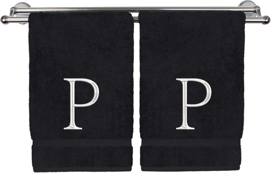 Monogrammed Hand Towel, Personalized Initial Gift, Extra Absorbent 100% Turkish Cotton - Soft Terry Finish - Set of 2 - White Block Initial P - Embroidered on Black Towels