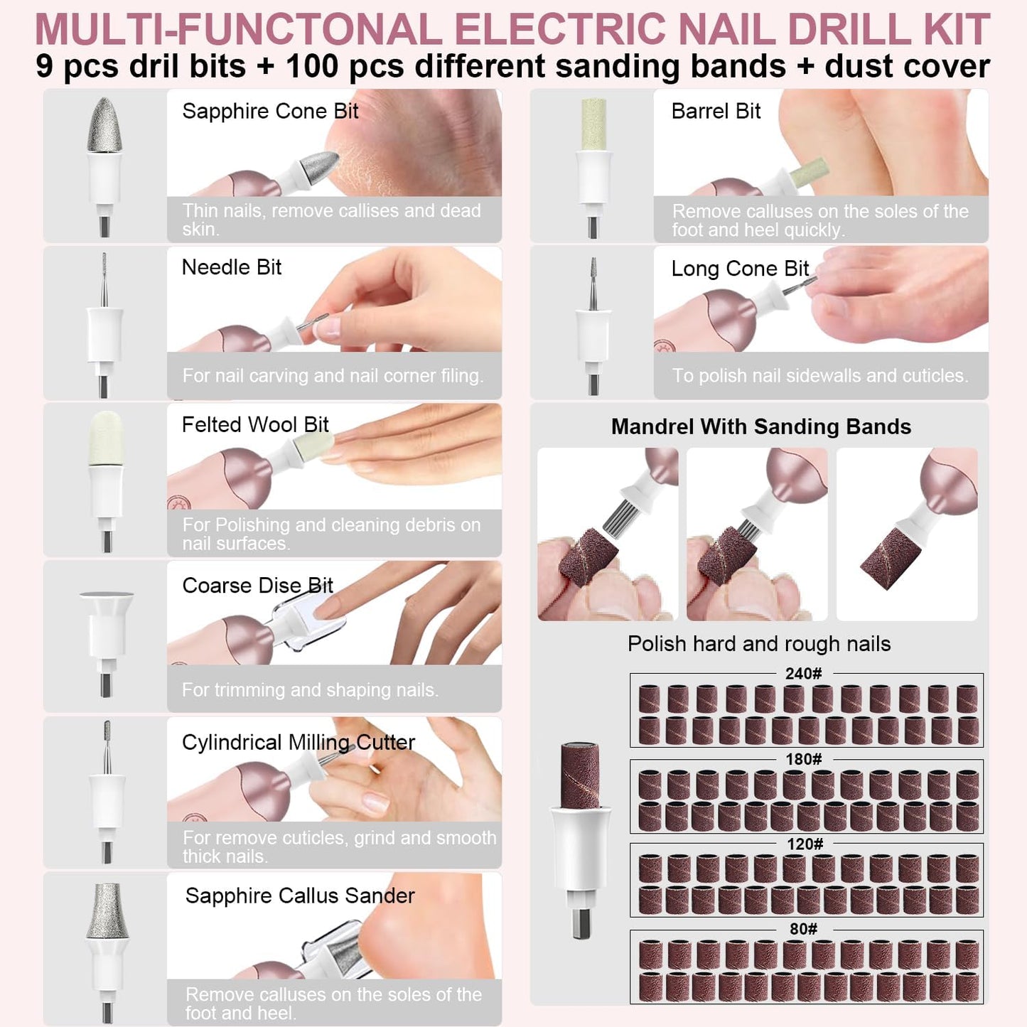 4 Pack 9-in-1 Nail Grinder Kit Salon-Quality Nails with 100 Bits, Cordless Nail File, 5 Adjustable Speeds,Pink