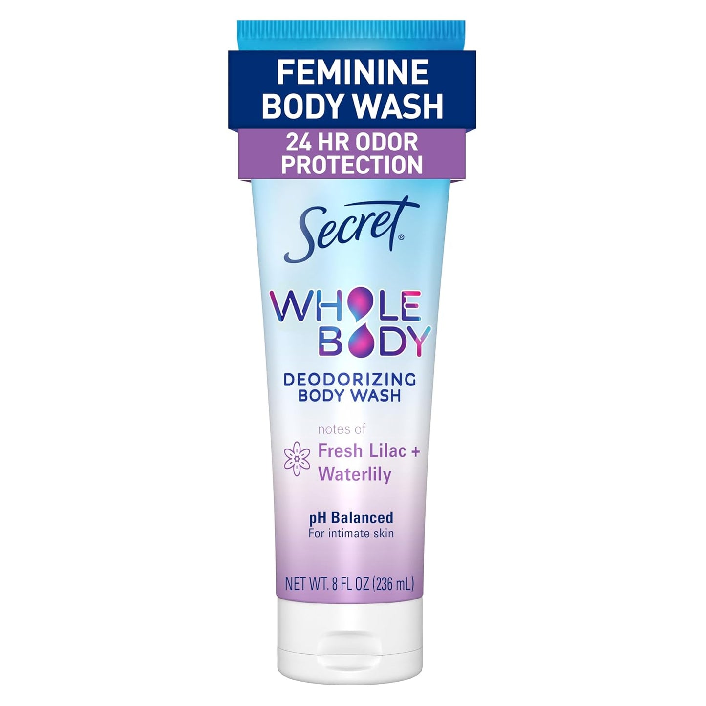 Secret Feminine Wash, 24 HR Deodorizing Feminine Body Wash for Women, Removes 6x Causes of Odor, PH Balanced, Safe to Use Everywhere, Lilac & Waterlily Scent, 8.0 oz