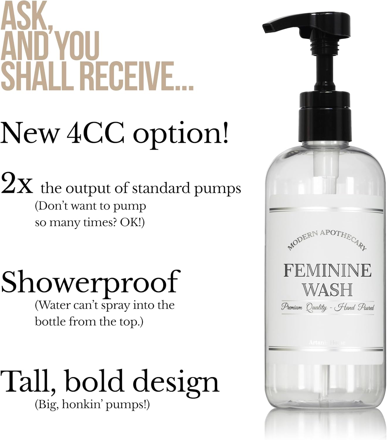 Refillable Clear PET Plastic 16 oz Feminine Wash Bottle with High Output Black Plastic Pump Dispenser - Chrome Accent Waterproof Labeled Bottle