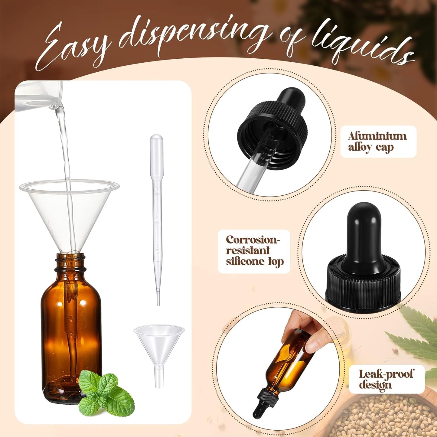 Lallisa 48 Pcs Glass Dropper Bottles with Eye Dropper Dispensers Lab Dropping Bottles with 4 Pcs Long Pipettes 4 Funnel and 80 Label for Travel Cuticle Massage Essential Oils Perfume (Amber,2 oz)