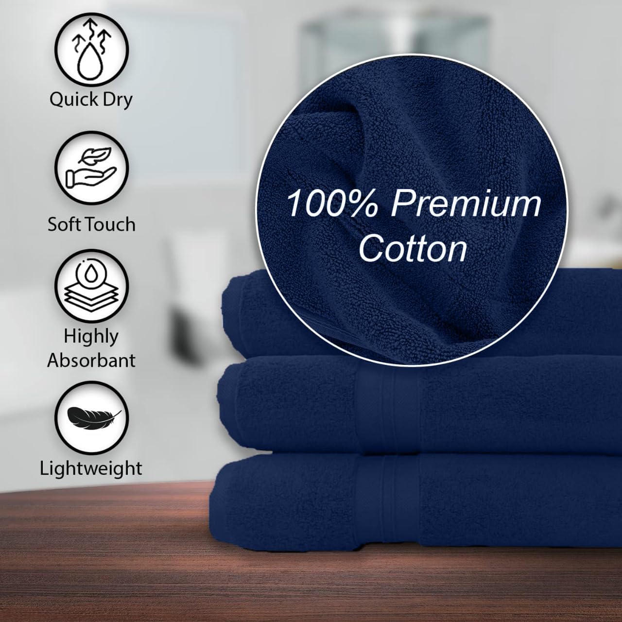 100% Cotton Bath Towels, Navy 24x48 Pack of 6 Towels, Quick Dry, Highly Absorbent, Soft Feel Towel, Gym, Spa, Bathroom, Shower, Pool, Luxury Soft Towels (24x48-6 Pack, Navy)