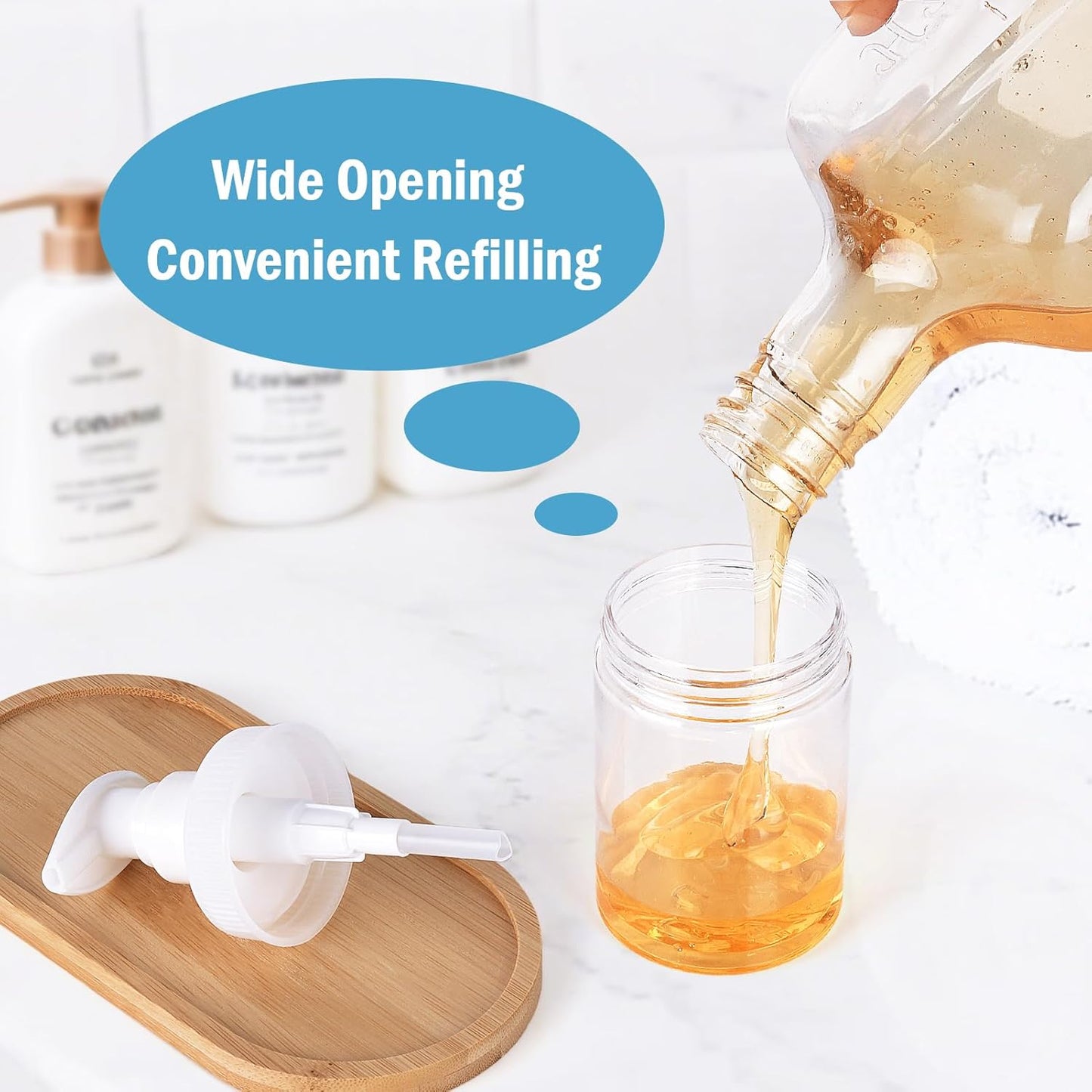 Cosywell Pump Bottle Dispenser 4oz/120ml 4 Pack Plastic Lotion Dispenser Wide Mouth Jar Style Empty Refillable Bathroom Shower Containers for Shampoo Conditioner Body Wash(Clear)