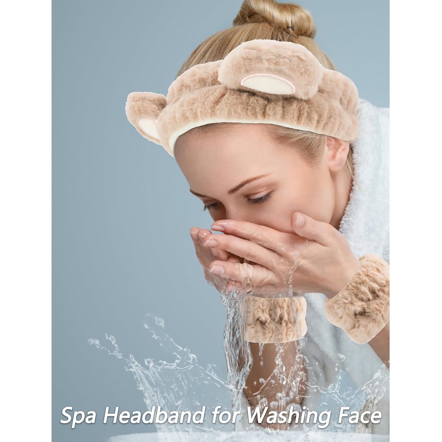 VELSCRUN Spa Headband, Makeup Face Wash Skincare Headbands, 5 Pcs Sponge Get Ready Bear Ears Hairband Facial Wristband Hair Clip Set, Stuff for Teen Girls Women Trendy Fashion Hair Accessories Brown