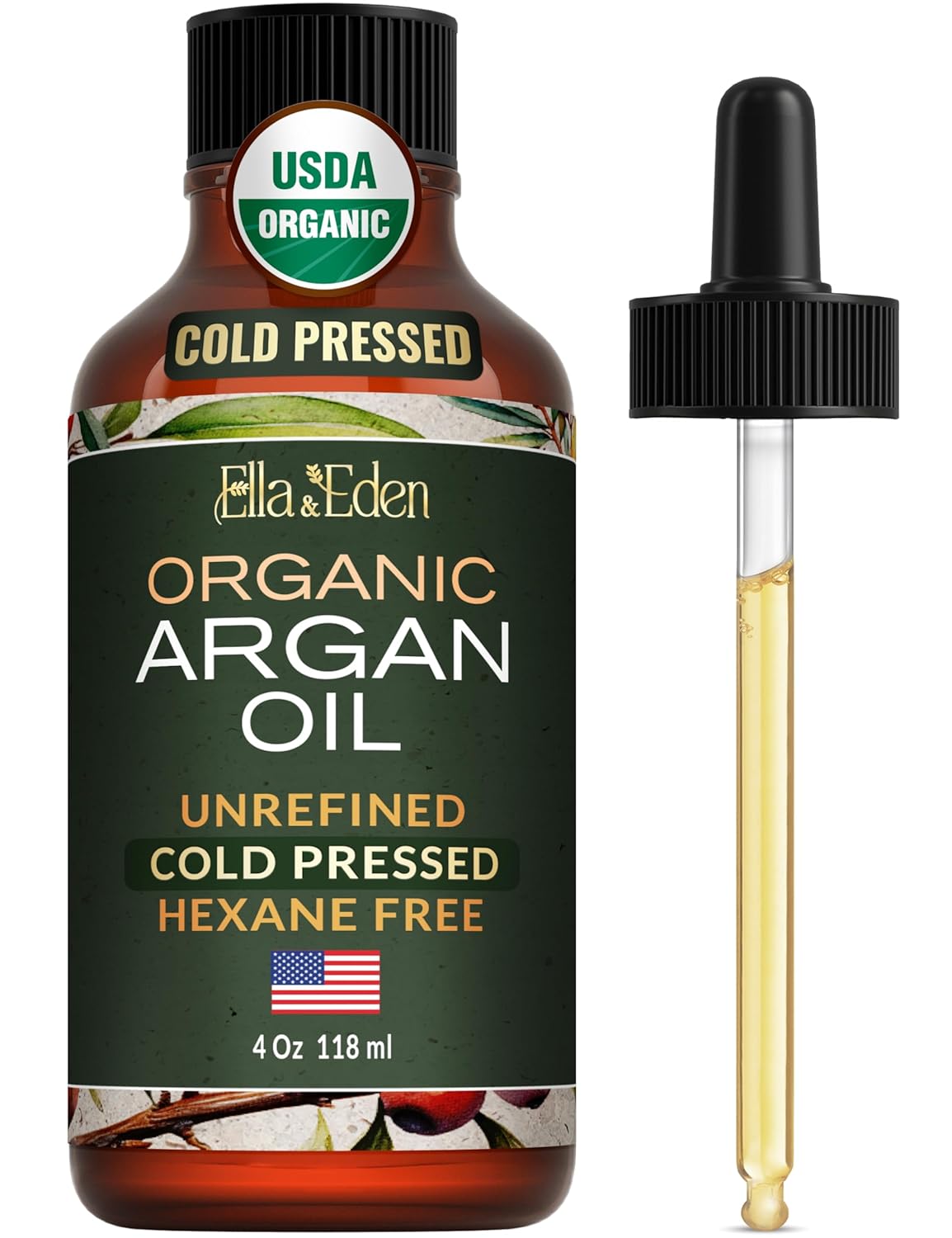 Ella & Eden Organic Argan Oil for Hair, Face & Skin | 100% Pure USDA Certified Cold-Pressed Unrefined | Glass Bottle – 4 Oz