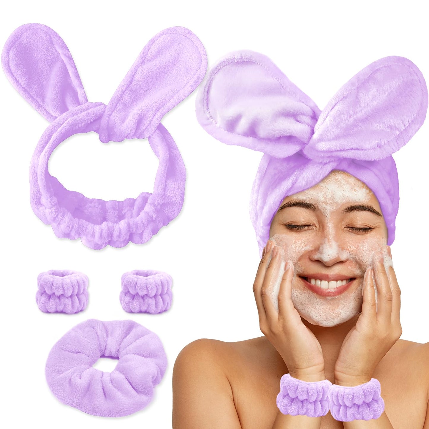Face Wash Headband and Wristband Set Fashion Spa Headband, Coral Velvet Face Wash Set for Women, Adjustable Makeup Headbands Hair Band for Washing Face, Facial Skincare (Purple)