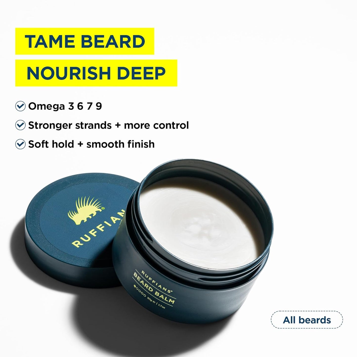 Ruffians Beard Balm, Omega-Enhanced Conditioning Beard Solution, for Softness and Shine, Low Hold, Shapes, Conditions, for Mid and Long Beards, 50g