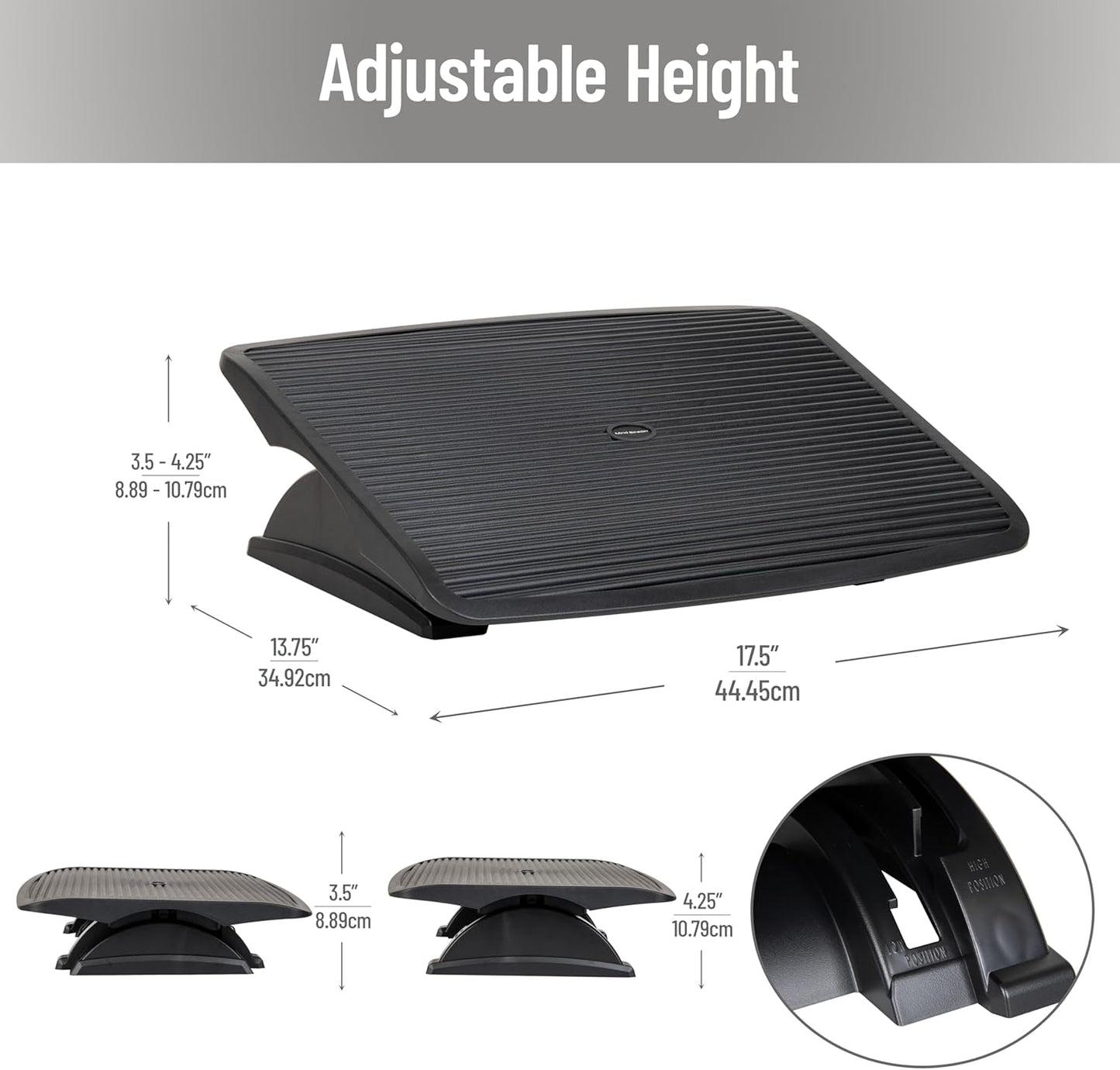 Mind Reader Foot Rest, Foot Stool, Under Desk at Work, Ergonomic, Height Adjustable, Office, 17.5"L x 13.5"W x 3.5"H, Black