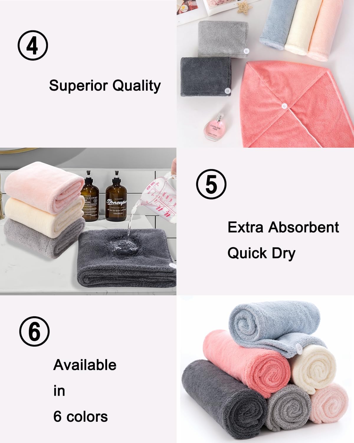 Microfiber Hair Towel Wrap 4 Pack - Gym & Shower & Travel Quick Dry Turban, Secure Button Closure for Active Women, Anti-Slip Design for Thick/Curly Hair, Compact 25x65cm (4-Piece Set)