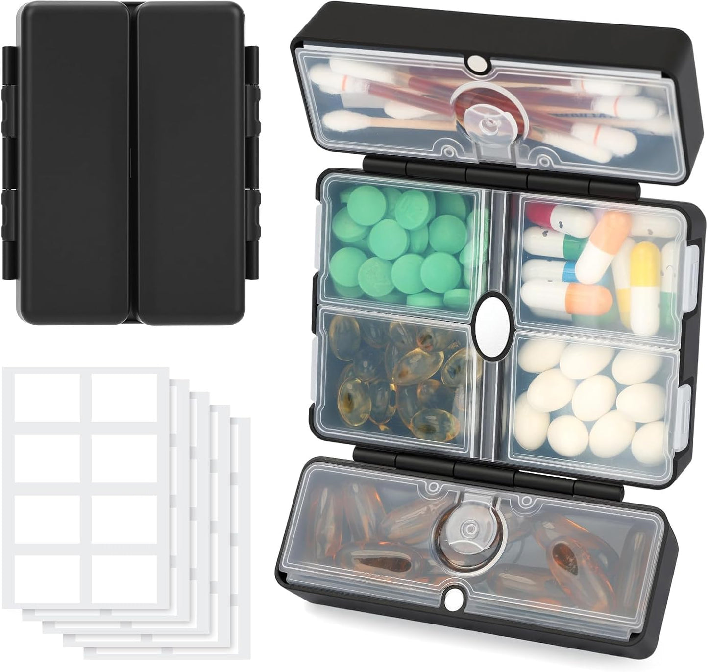 Zentiky Small Daily Pill Organizer with Labels, Medicine Pill Organizer Fit with Your Purse or Pocket for Travel to Hold Vitamin, Fish Oil, Supplement,Cotton Swabs, Bandages or Jewelry-Black