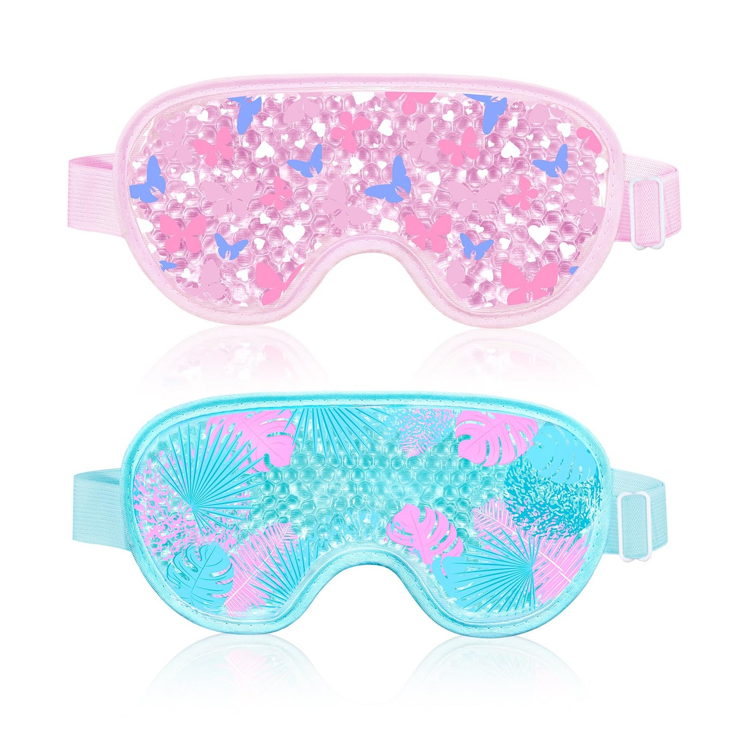 2PCS Cooling Eye Mask Gel Eye Mask, Reusable Hot Cold Therapy cold eye mask for Post Surgery, Puffiness, Dark Circles, Eye Bags, Dry Eyes, Migraines with Soft Plush Backing (Butterfly+Leaves)