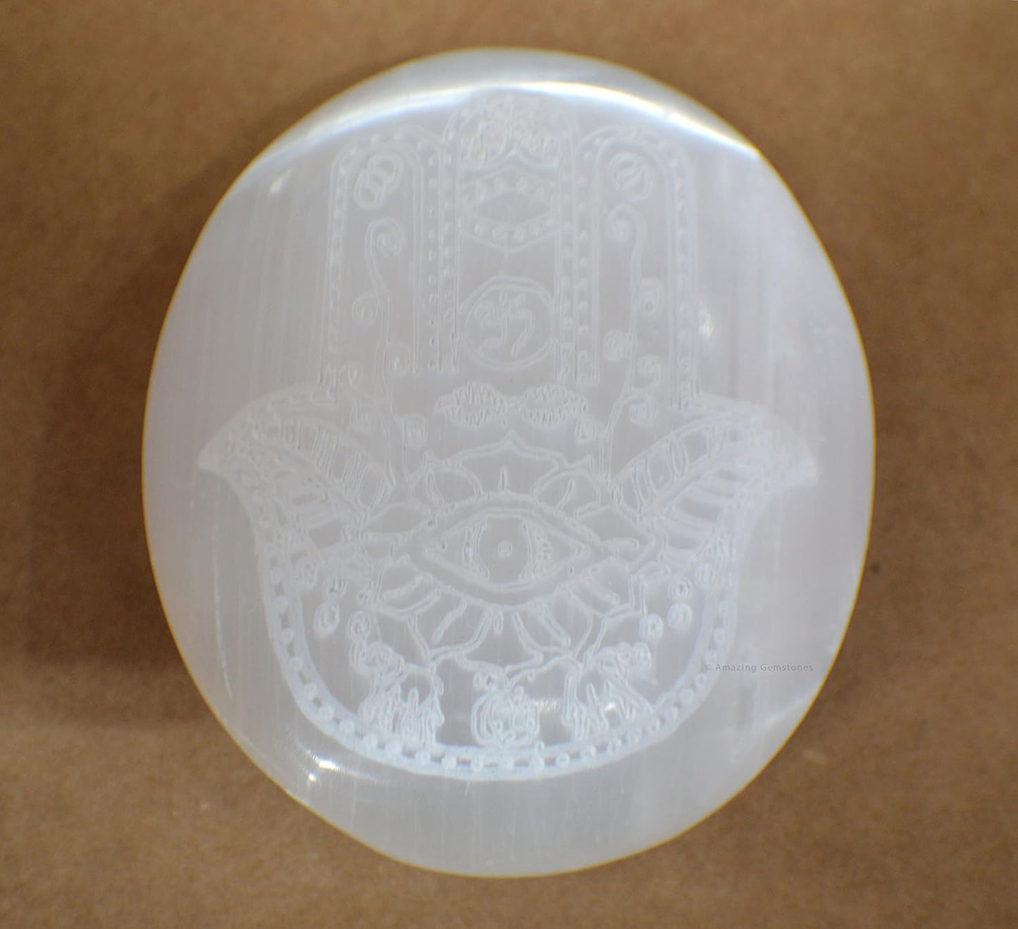 Amazing Gemstone Selenite Palm Stone - Hamsa Hand Engraved Hot Massage Worry Stone for Natural Body Chakra Balancing, Reiki Healing and Crystal Grid