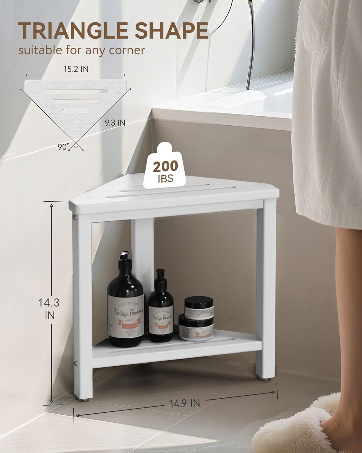 Shower Foot Rest 15in, HDPE Waterproof Shower Stool for Inside Shower, Corner Shower Stool for Shaving Legs with Storage Shelf for Small Space, Shower Step Stool, Plastic Corner Shower Bench, White