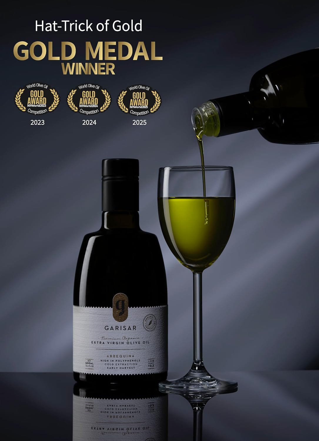 Garisar High In Polyphenol Premium Extra Virgin Olive Oil (>600 ppm), Low Acidity (Max 0.2%), NYIOOC 2025 Gold Medal Winner, Organic Agriculture Hand Picked, Cold Pressed, 100% Arbequina - Pack of 1