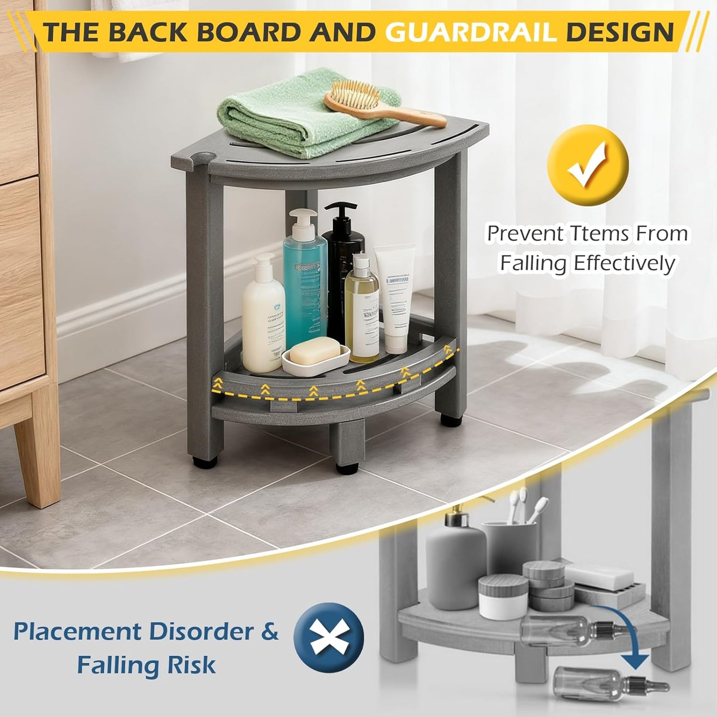 HDPE Corner Shower Stool for Shaving Legs, Waterproof Shower Stool with Storage Shelf for Bathroom,Grey