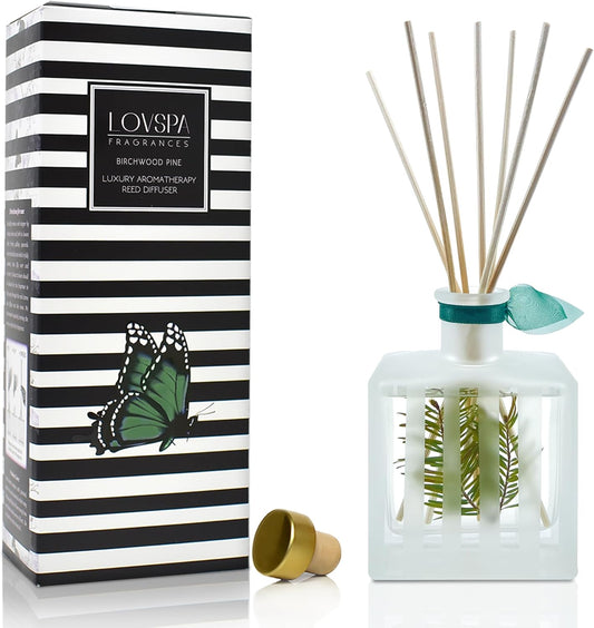 LOVSPA Reed Diffuser Set, Birchwood Pine Scented Oil Diffuser with Sticks, Home Fragrance Accessories for Bathroom Shelf Decor, Aroma Diffusers for Home or Office Desk, USA Made
