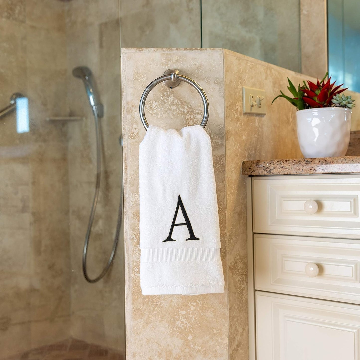 Black Monogrammed Bathroom Hand Towel - Black & White Luxury Hotel Quality Personalized Initial Decorative Embroidered Towel for Powder Room, Spa - GOTS Organic Certified - Set of 2 Letter A