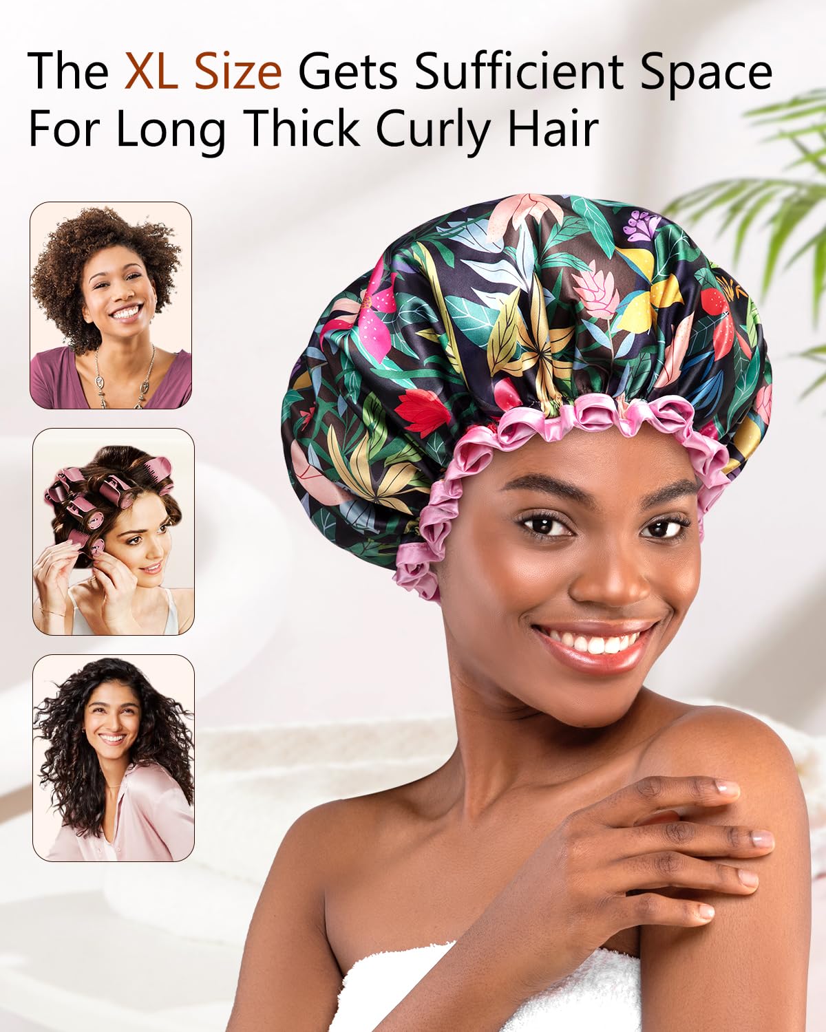 mikimini Rainforest Large Shower Caps Pack of 2, Shower Cap for Women Long Hair with Pink Lace, Reusable Waterproof Shower Hat for Girls