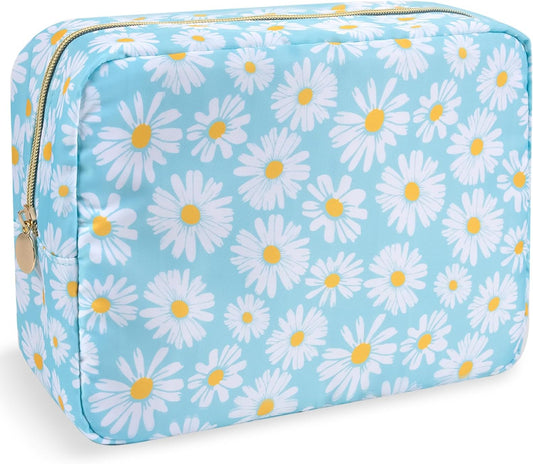 Nylon Large Floral Makeup Organizer Bag, Preppy Big Cute Flower Cosmetic Zipper Pouch Multi-compartment with Dividers, Waterproof Toiletry Make Up Brushes Bag Travel Essentials for Women(Blue-Daisy)
