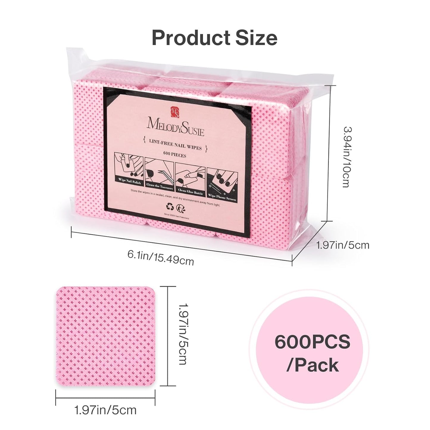 MelodySusie 600Pcs Lint Free Nail Pink Wipes Super Absorbent Soft Non-Woven for Fingernail Polish Remover and Eyelash Extension Wipes for Nail Art
