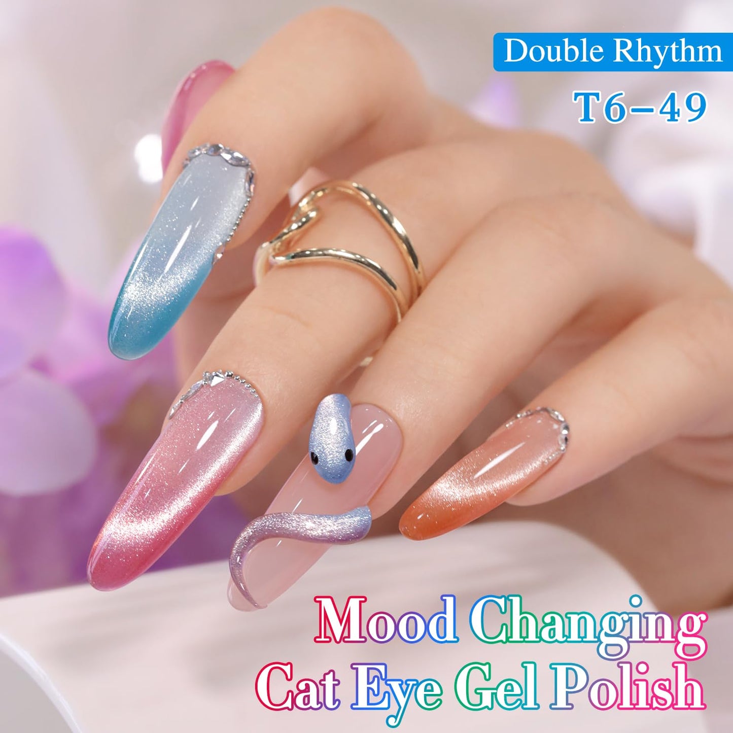 Double Rhythm Cat Eye Gel Nail Polish Set of 6 Same Color Same Bottle 0.5 Oz Shimmer Glitter with Magnet Holographic Reflective Magnetic UV Nail Polish Kit at Home (Color Changing-T6-49)