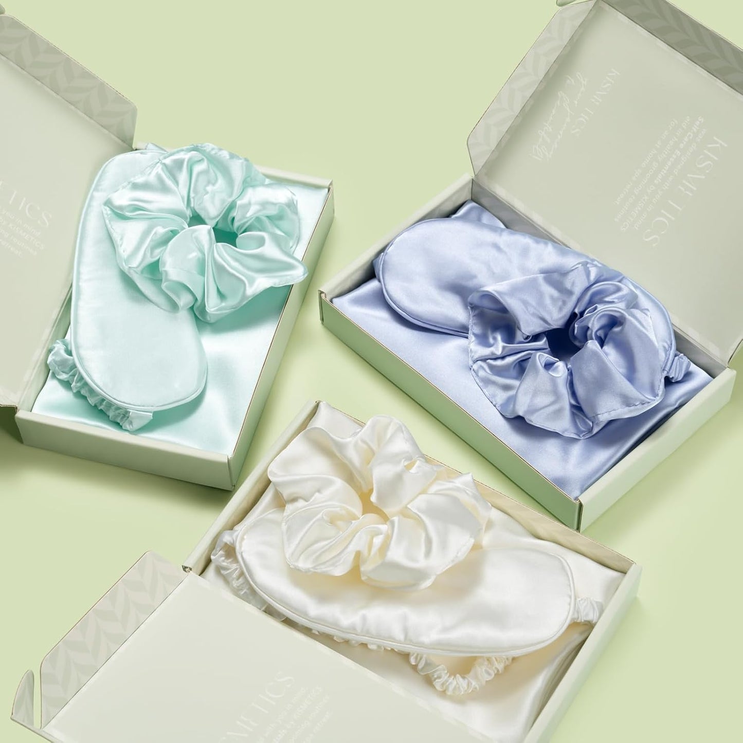 Vegan Silk Sleep Set, Silky Pillowcase with Large Scrunchie and Eye Mask for Hair and Skin, Self Care Essential Satin Night Routine Kit (Mint Blue Color)