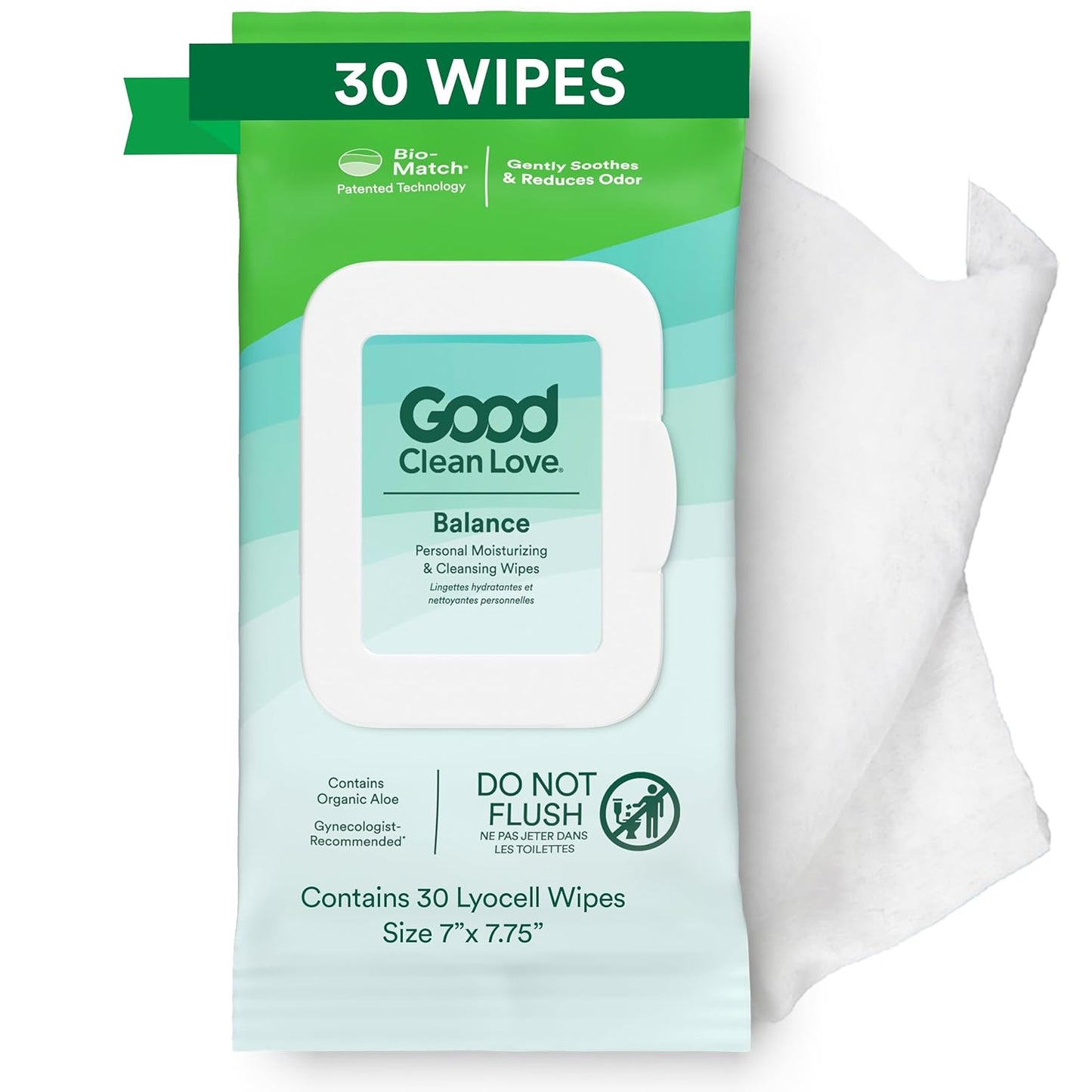 Good Clean Love Balance pH-Balanced Feminine Wipes, Supports Vaginal Health Naturally & Reduces Odor, Non-Irritating Moisturizing & Cleansing Hygiene Product Made with Organic Aloe, (30 Count)