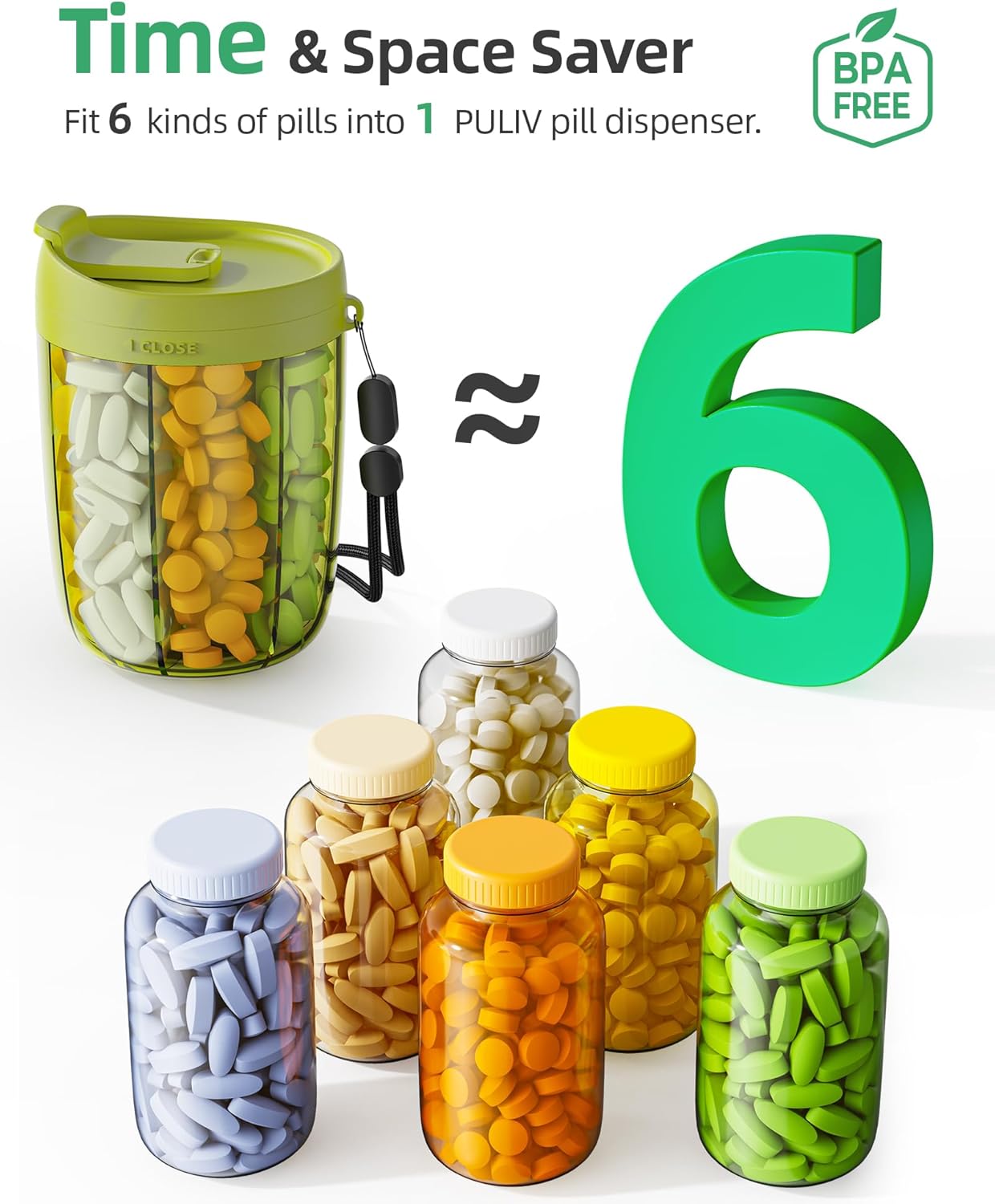 PULIV Large Pill Bottle Organizer, Supplement Organizer for Holding 6 Various Vitamins, Pill Box Case with Anti-Mixing & Wide Opening Design, Easy to Retrieve Meds and 20 Pcs Stick-on Labels, Green
